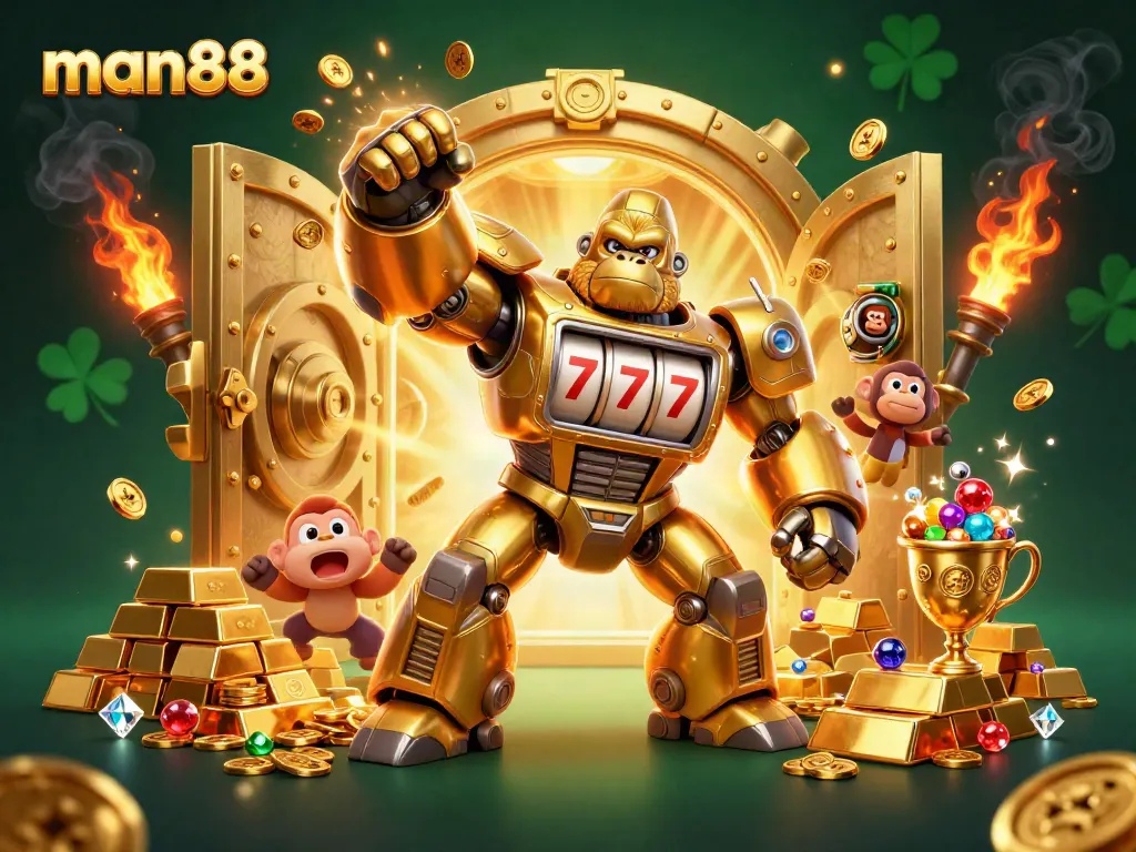 Experience man88's thrilling casino adventure with a golden gorilla mech celebrating big wins in this vibrant scene.