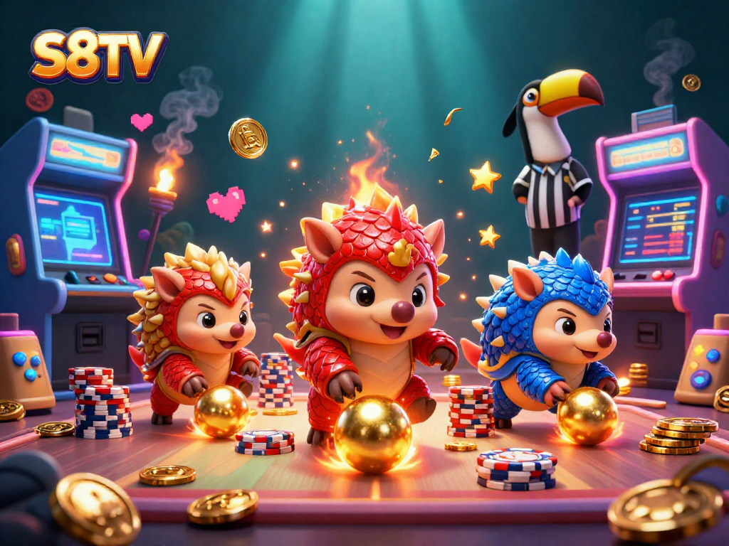S8TV pangolins roll through poker chips in a vibrant casino scene filled with arcade machines.