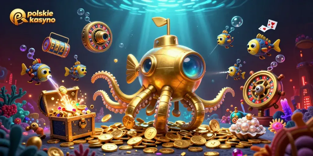 Playing at polskie legalne kasyno with a golden kraken submarine and treasure amid casino elements.