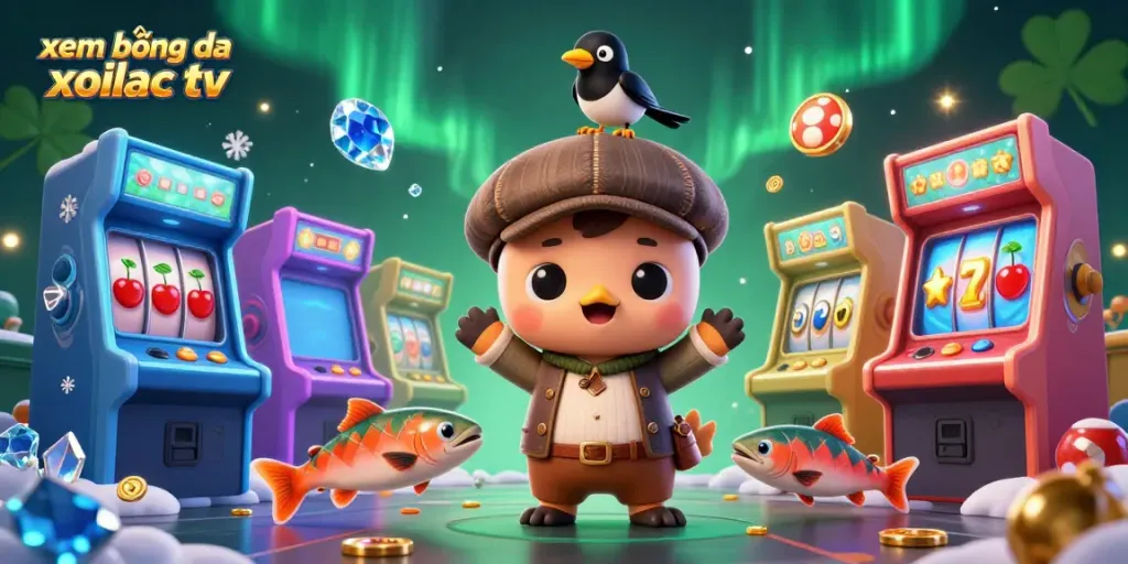 Xem bóng đá xoilac tv features a playful 3D cartoon Nessie in a casino-themed scene with arcade elements.