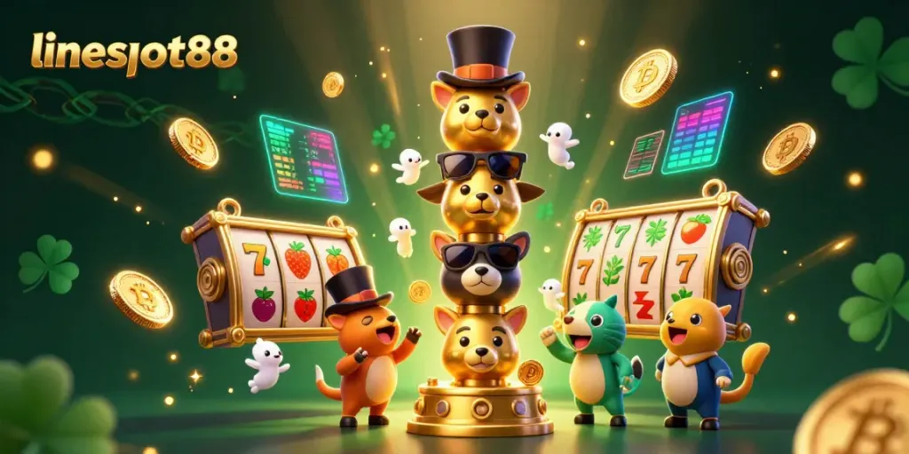 Spin the reels with lineslot88: a colorful illustration featuring a golden totem pole and vibrant slot game symbols.