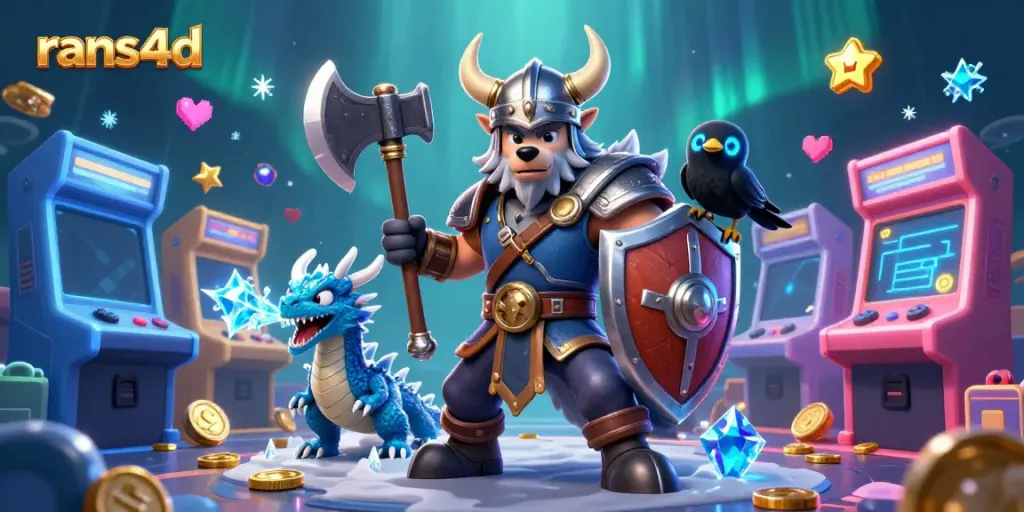 Portal RANS4D dengan Viking, naga es, dan burung gagak dalam ilustrasi 3D yang dinamis.