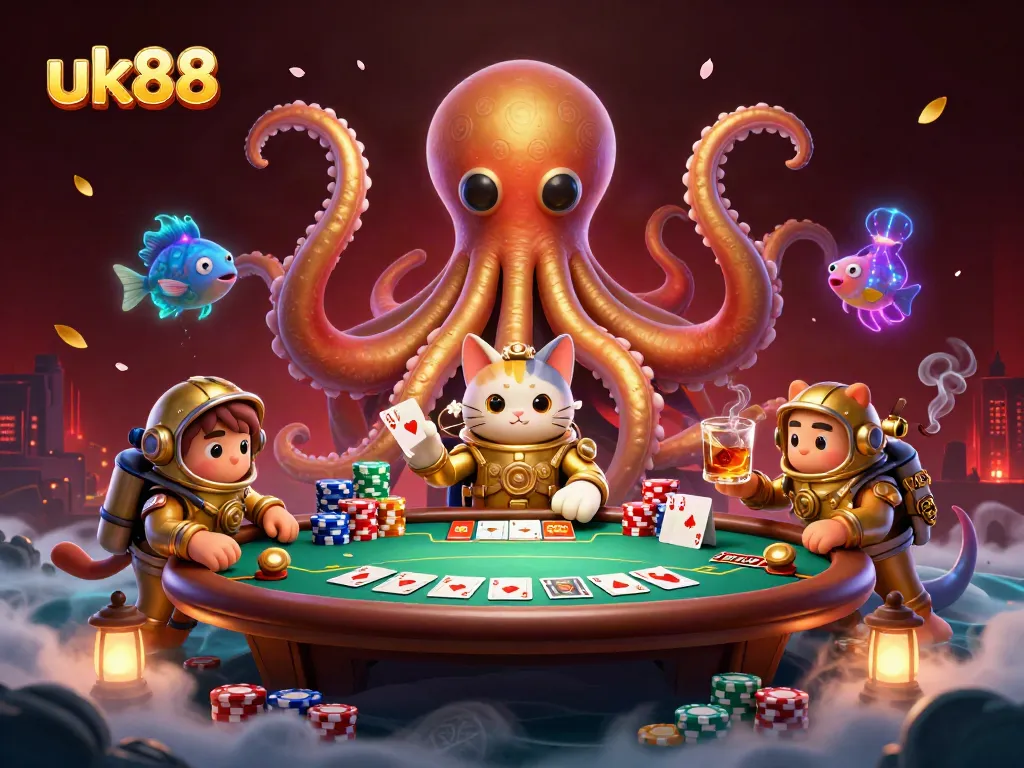 Engage in thrilling gaming at uk88 with a colorful kraken, cat diver, and poker table scene.
