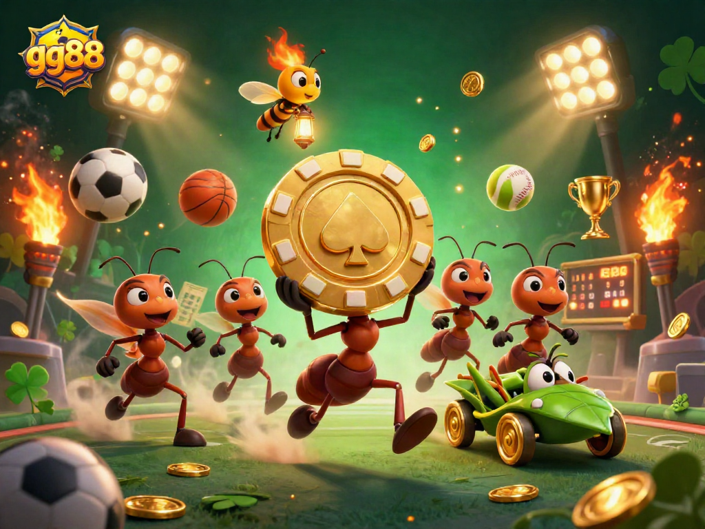 Vibrant scene of ants in a heist with gg88 golden poker chip, showcasing casino elements in a 3D illustration.