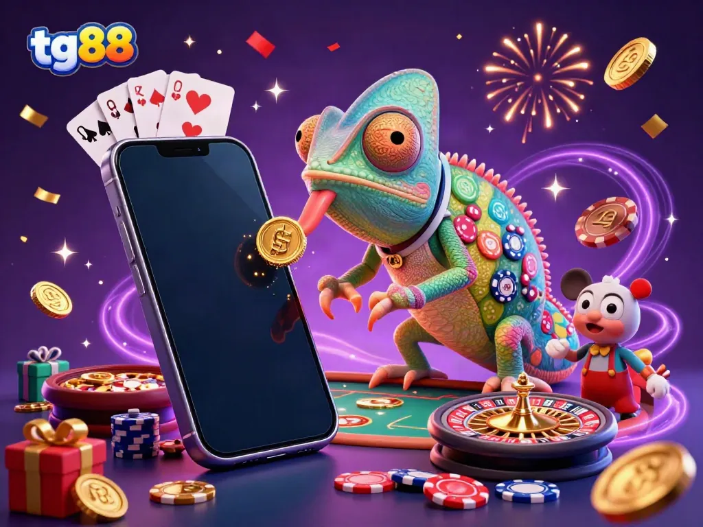 Experience excitement at tg88 casino with a vibrant scene featuring an enormous chameleon owner, spinning slot reels, and golden coins.