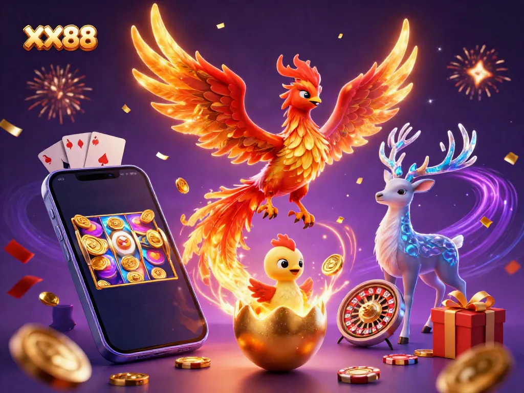 Experience the excitement with XX88's vibrant gaming scene featuring a phoenix and gaming elements.